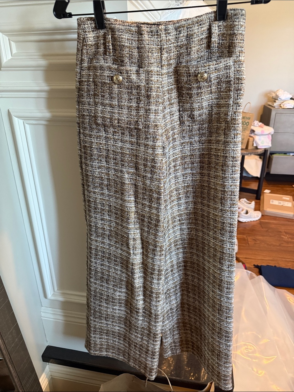Maje Tweed Boot-Cut Pants in Brown and Cream with Gold Buttons
